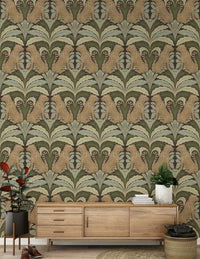 Symmetrical jungle leaves and leopard wall mural in apartment entryway, modern style