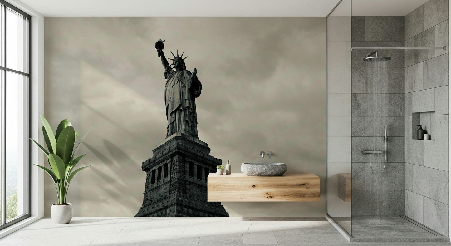 Black and white Liberty portrait wallpaper in home office, clean desk setup, modern interior