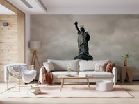 Greyscale Liberty wall mural in workspace, minimal styling, matte-look wallpaper