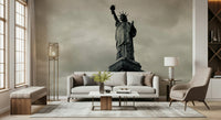 Liberty's Monochrome Gaze Wall Mural behind sofa, minimalist apartment wall decor, urban style