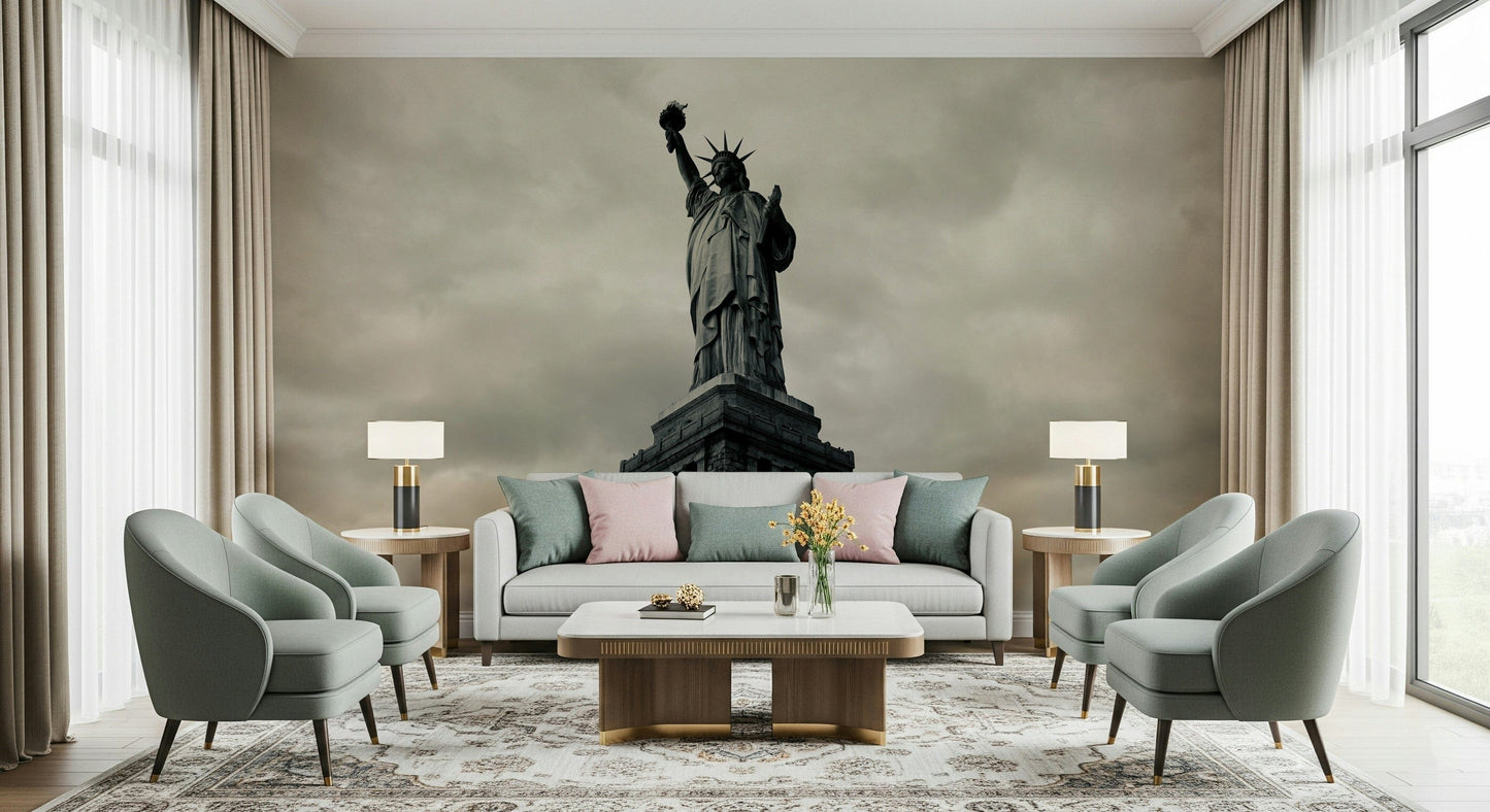 Urban monochrome mural in hallway, Statue of Liberty artwork, modern apartment decor