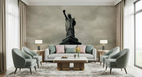 Urban monochrome mural in hallway, Statue of Liberty artwork, modern apartment decor