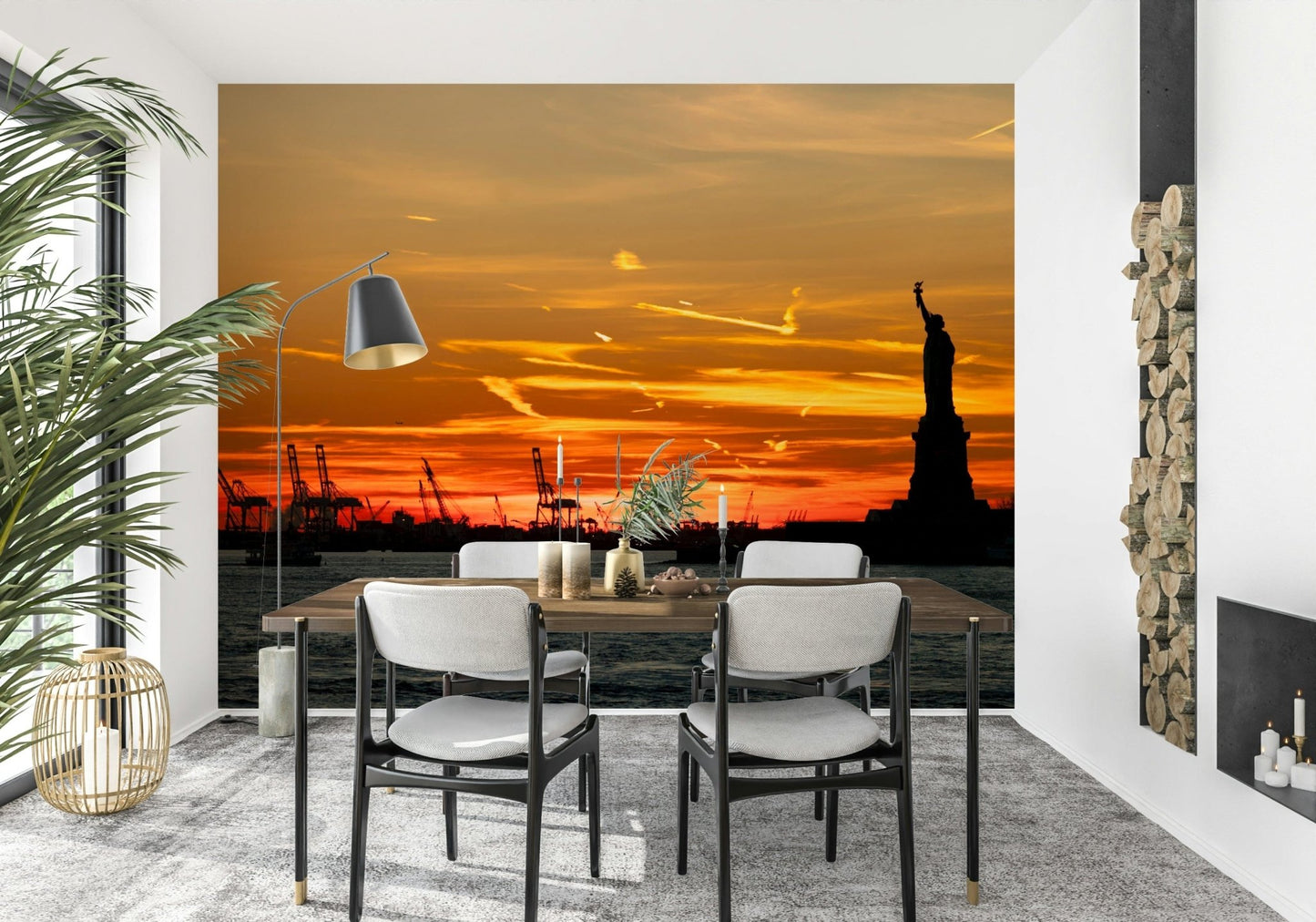 Statue of Liberty Sunset orange harbor scene wallpaper.