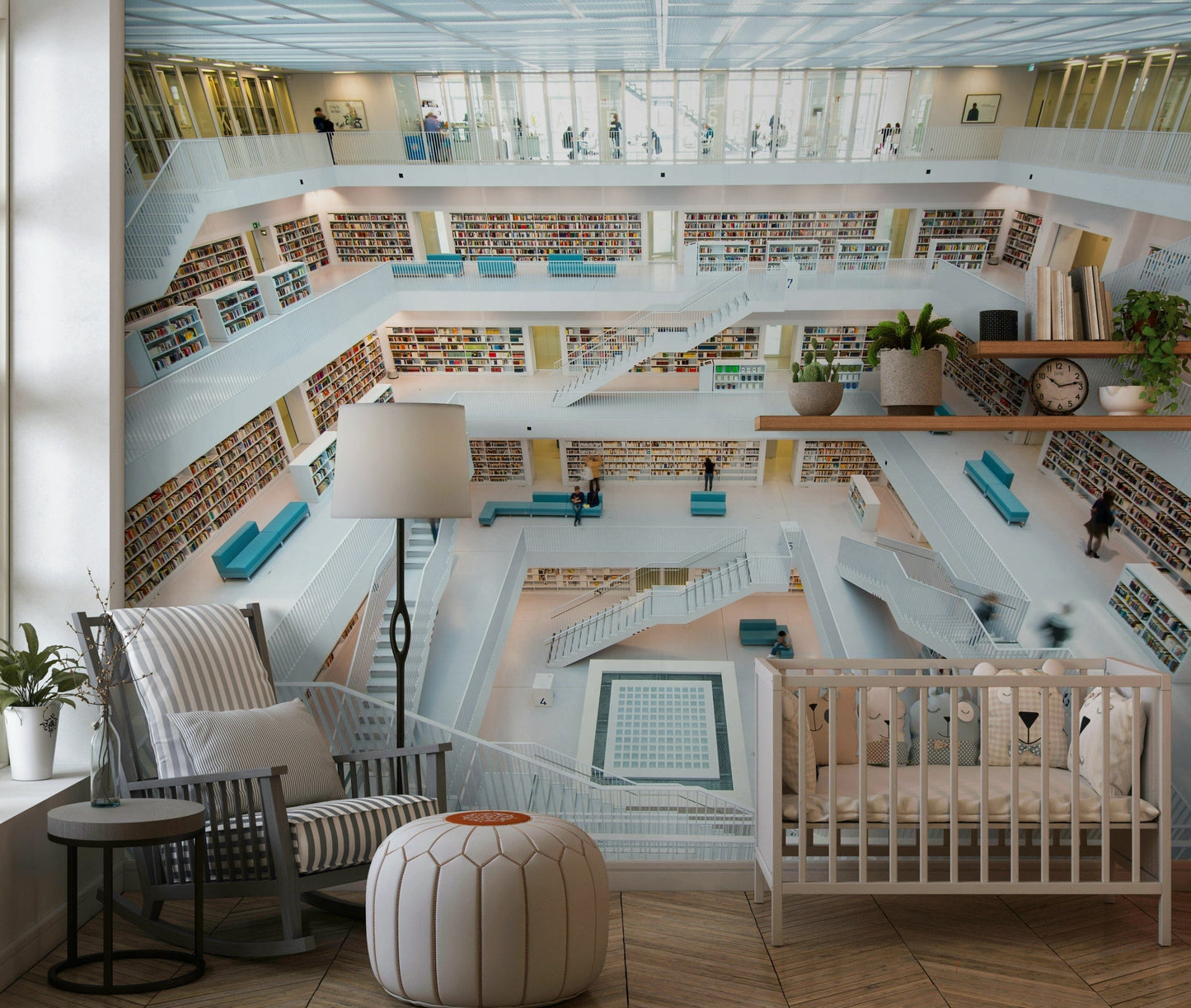 Intricate library wallpaper with maze-like aisles and towering book collections.