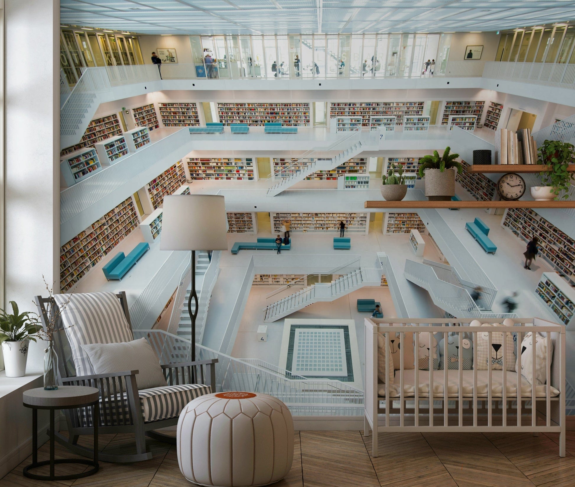 Intricate library wallpaper with maze-like aisles and towering book collections.