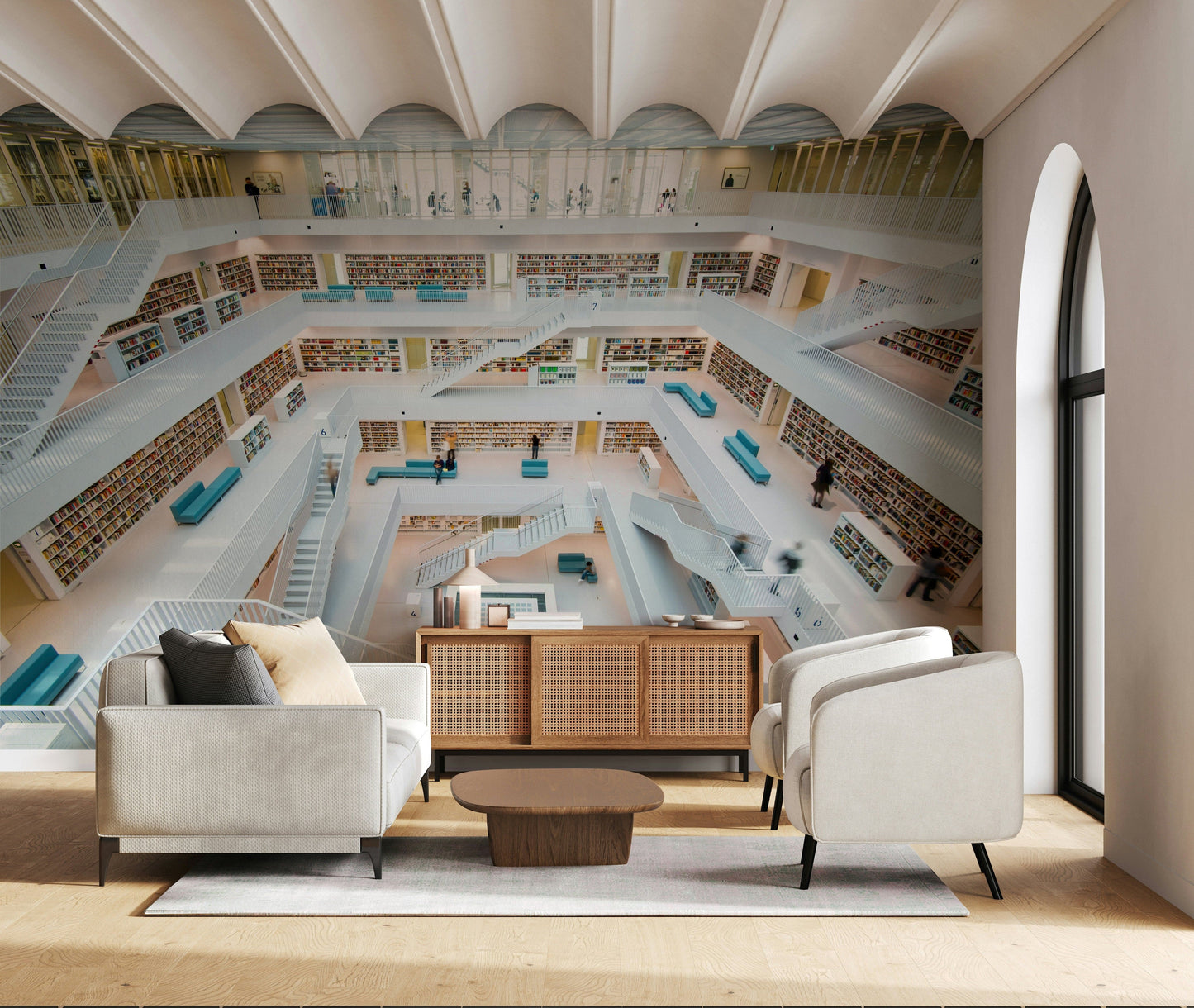 Wall mural depicting a labyrinthine library with stacked shelves and rich wooden textures.