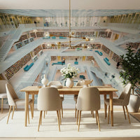 Wall mural with towering bookshelves creating a labyrinthine, immersive library scene.