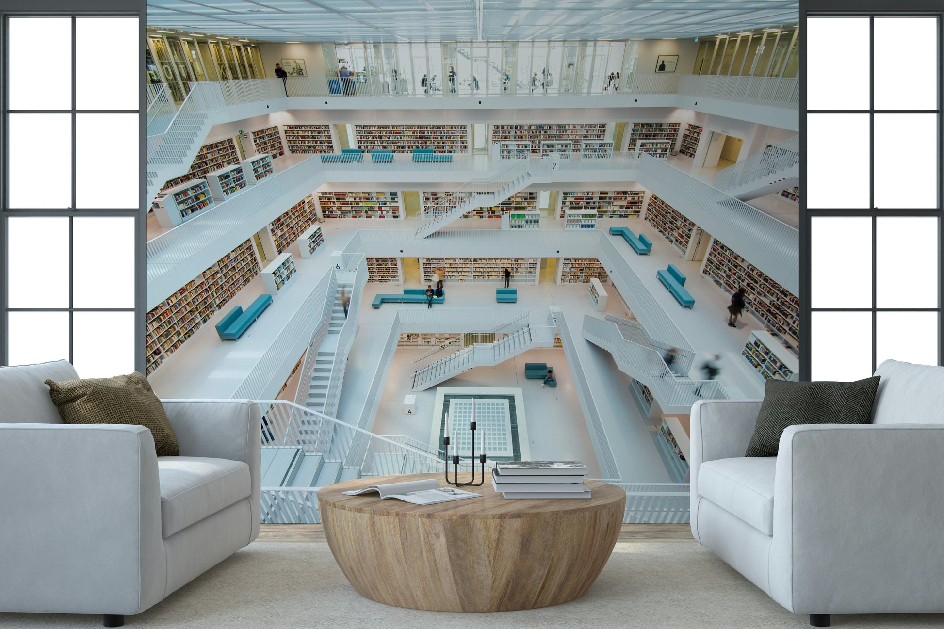 Library Labyrinth Wall Mural — intricate network of bookshelves forming a winding literary maze.