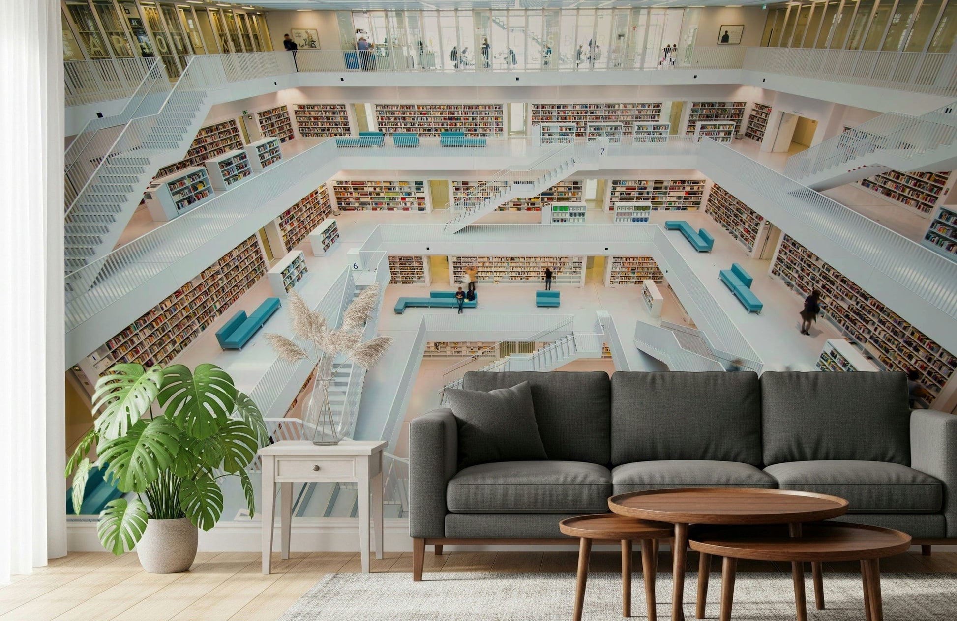 Decorative wall mural showcasing a labyrinth of library stacks in warm, inviting tones.