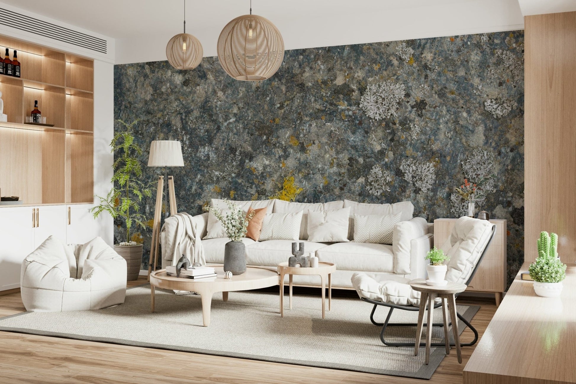 Wall mural depicting mossy rocks and lichen textures for rustic or natural interiors.
