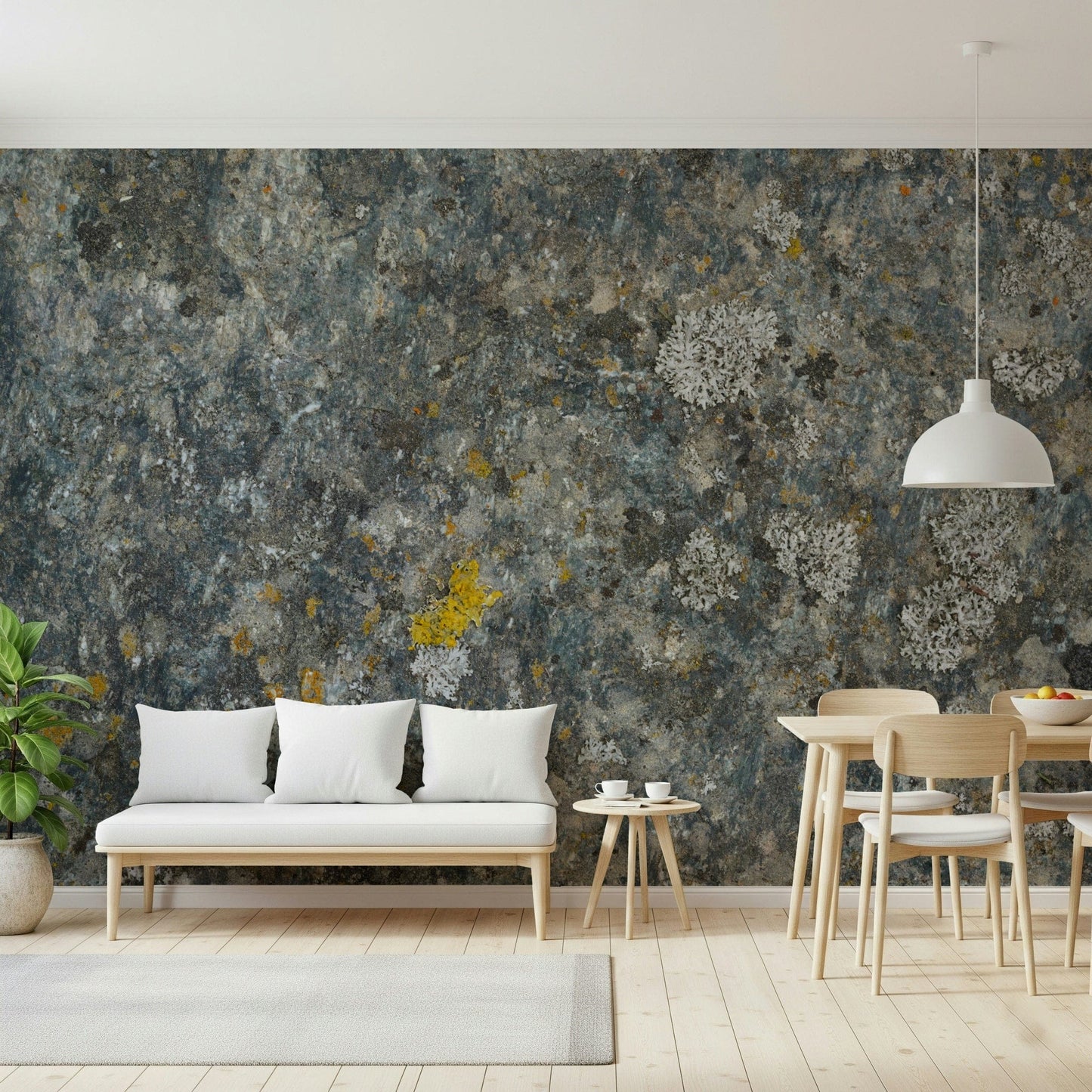 Lichen Rock Wall Mural — detailed stone textures with green and gray lichen patterns.