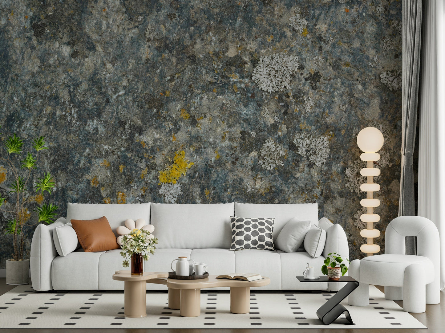 Lichen Rock Wall Mural — natural stone textures with subtle mossy and lichen accents.
