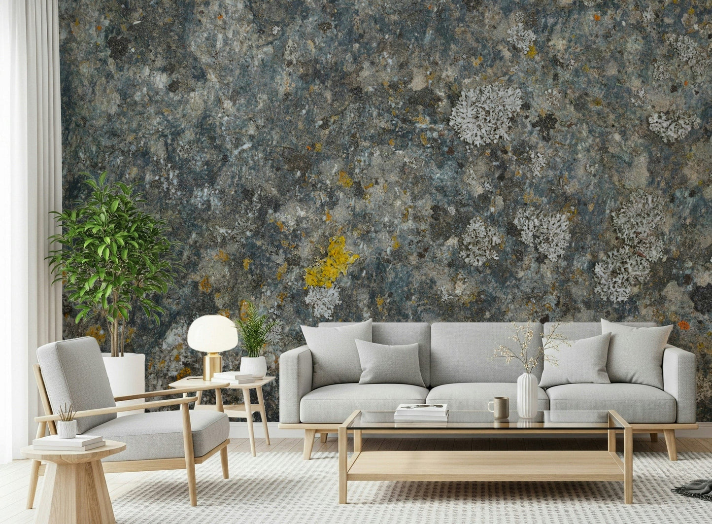 Rock-inspired wallpaper highlighting rugged textures and organic lichen details.