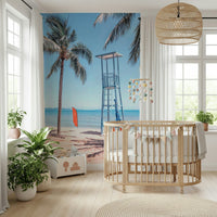 Lifeguard's View Wall Mural in living space, beach lookout scene feature wall styling