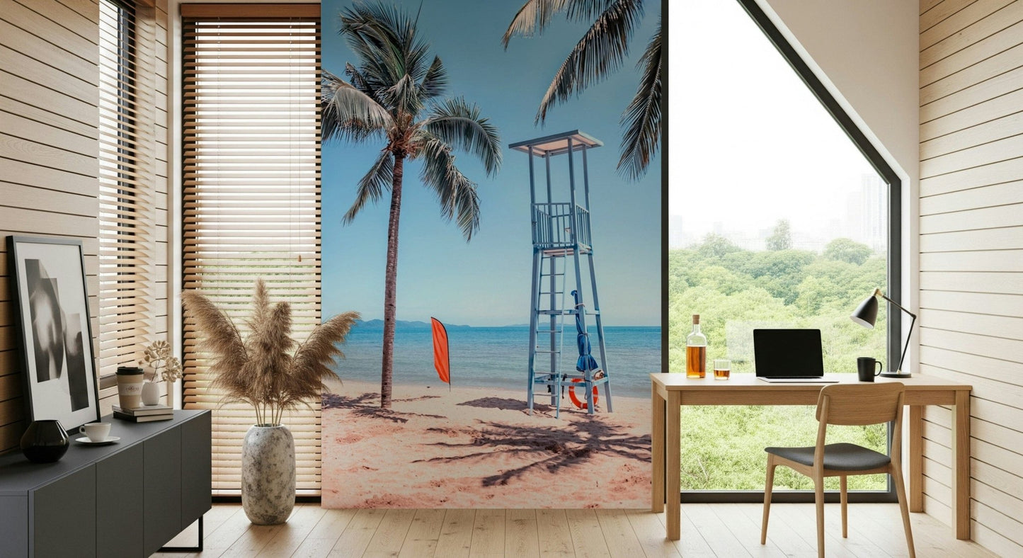 Lifeguard's View mural in entryway, shoreline scene behind timber console table