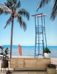 Beach view wallpaper in reading nook, calm sea and sky tones backdrop
