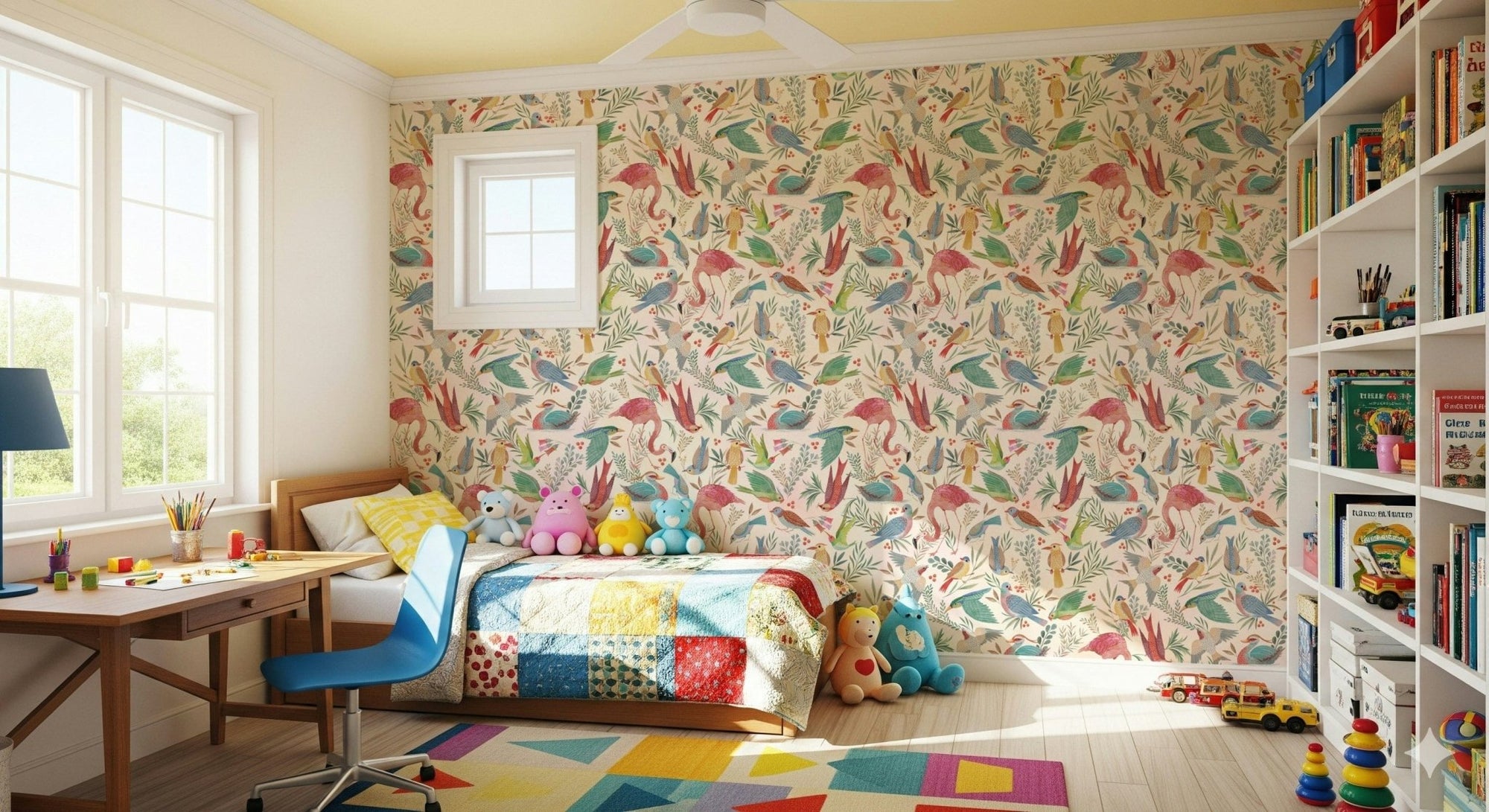 light Birdwatcher's wallpaper of watercolor birds and foliage in a kids room with a patchwork bed and bookshelf