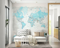 Soft world geography wallpaper in sky blue hues

