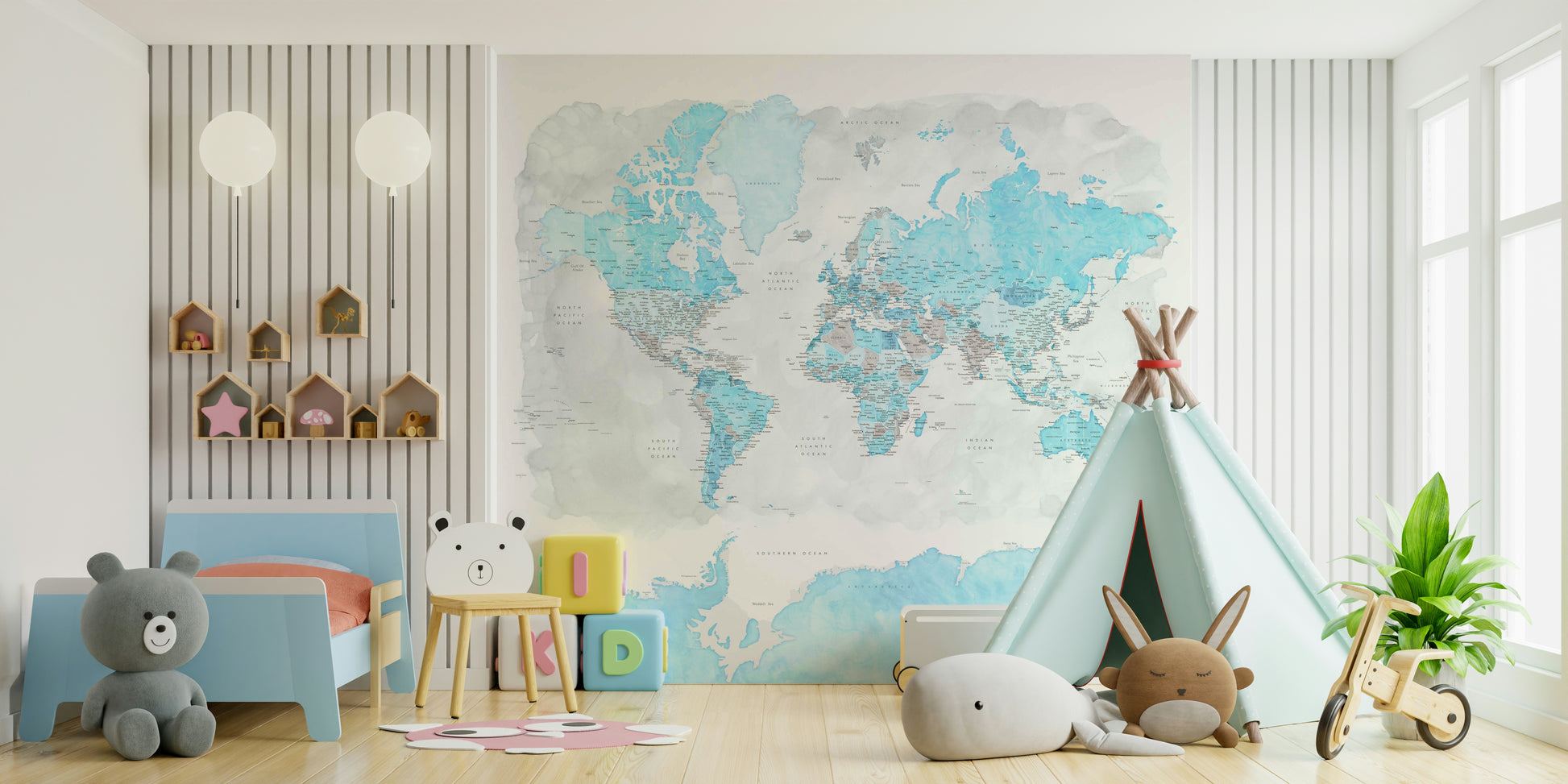 Sky blue world map wallpaper for nurseries and studies

