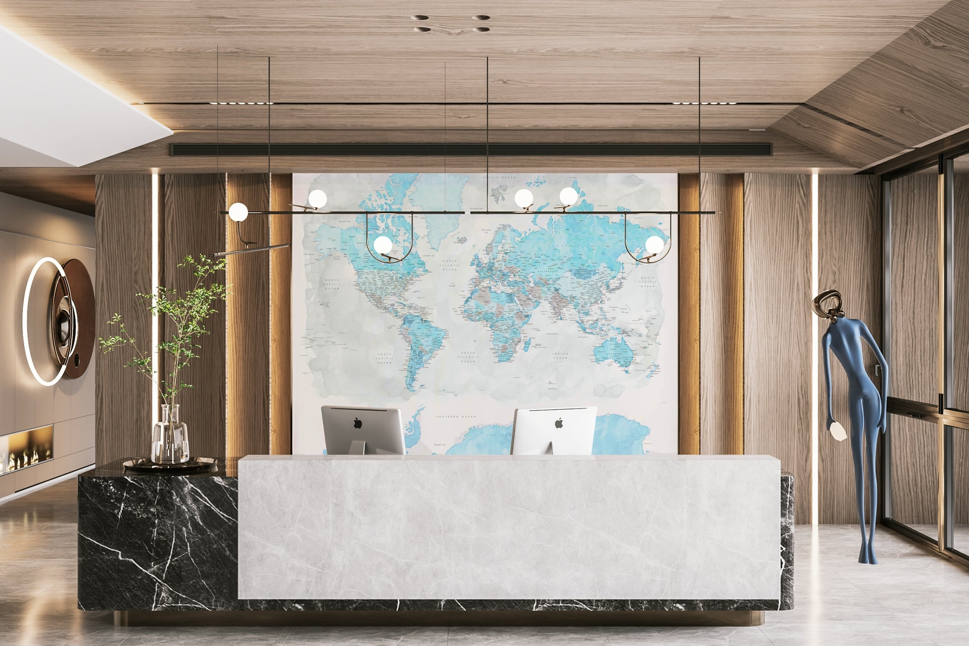 Gentle blue map mural with watercolor design

