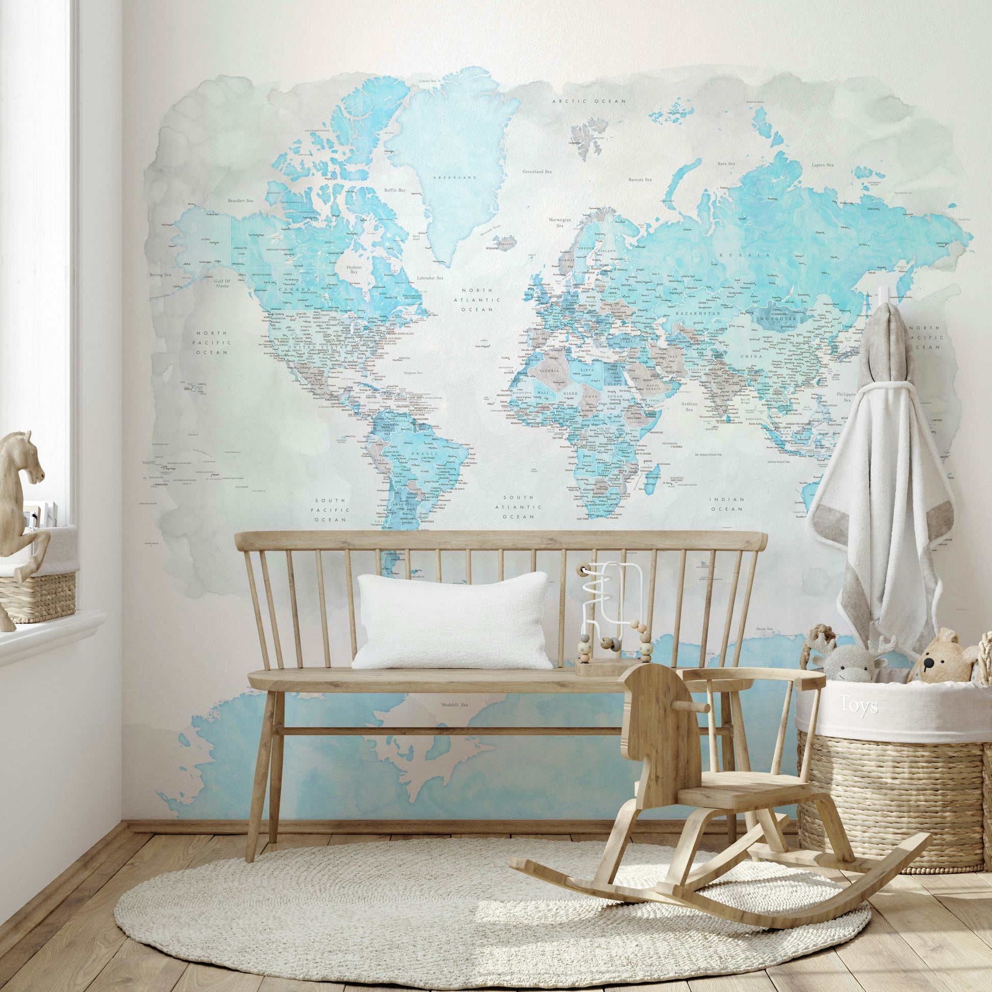 Light blue watercolor world map wallpaper for walls

