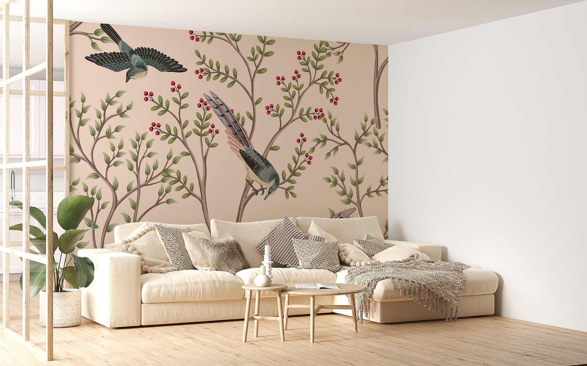 Light pink wall mural with nature’s charm
