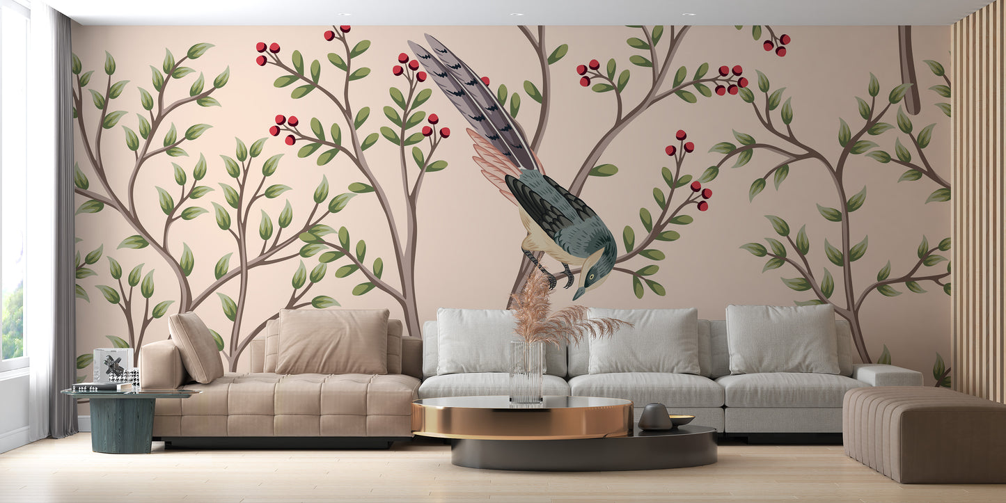 Pink leaves and bird mural for calm decor
