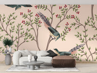 Soft pink wallpaper with bird and leaves
