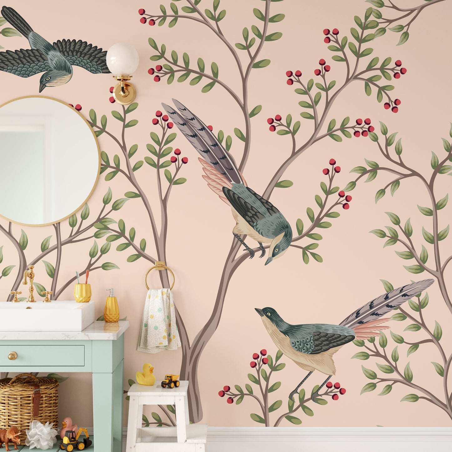 Graceful bird and leaves design in pink

