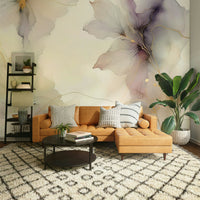 Soft purple blossom mural used as a calming backdrop for a home office.