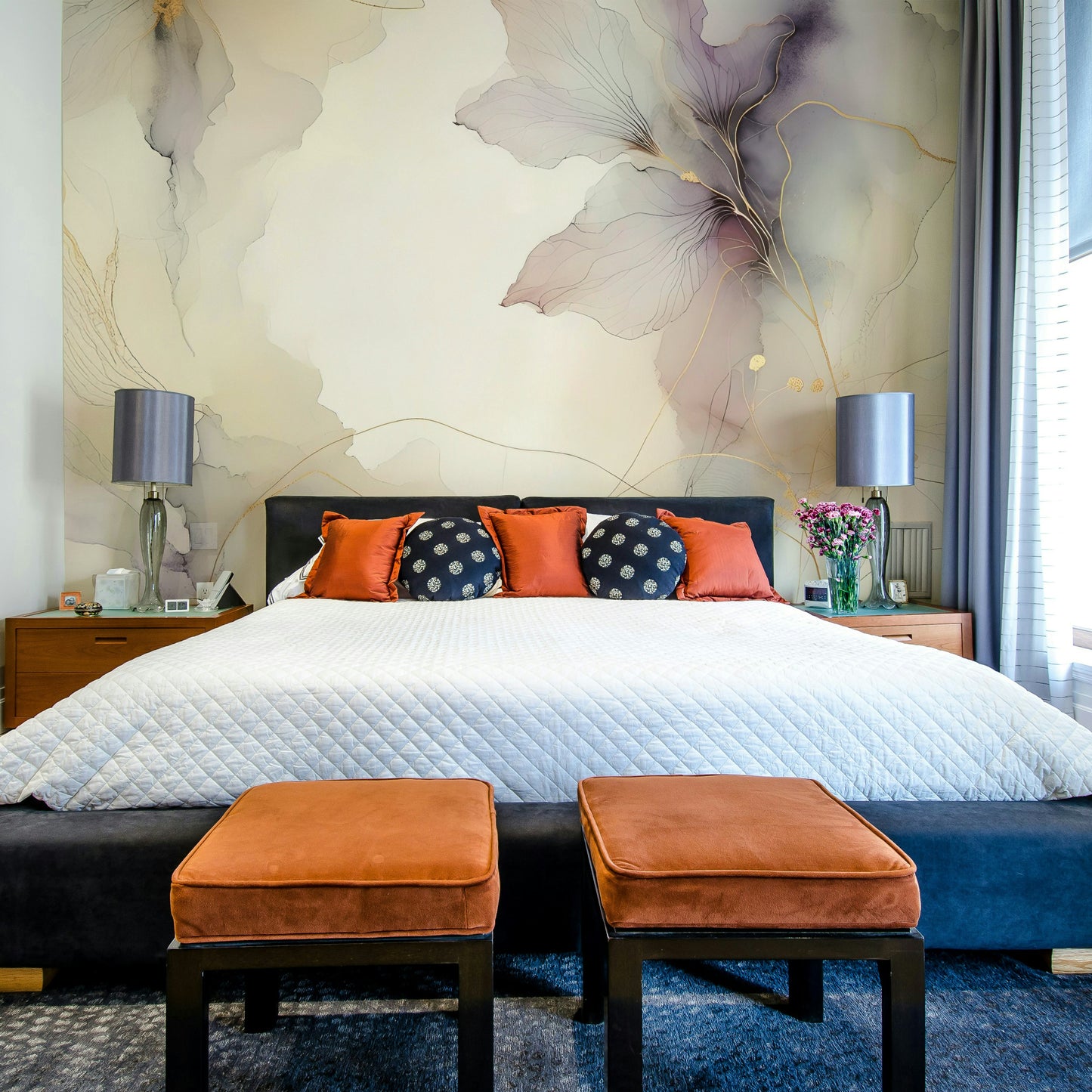 Lilac Blossom Hues Wall Mural in a bright modern living room with neutral furniture.