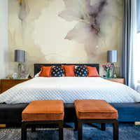 Lilac Blossom Hues Wall Mural in a bright modern living room with neutral furniture.