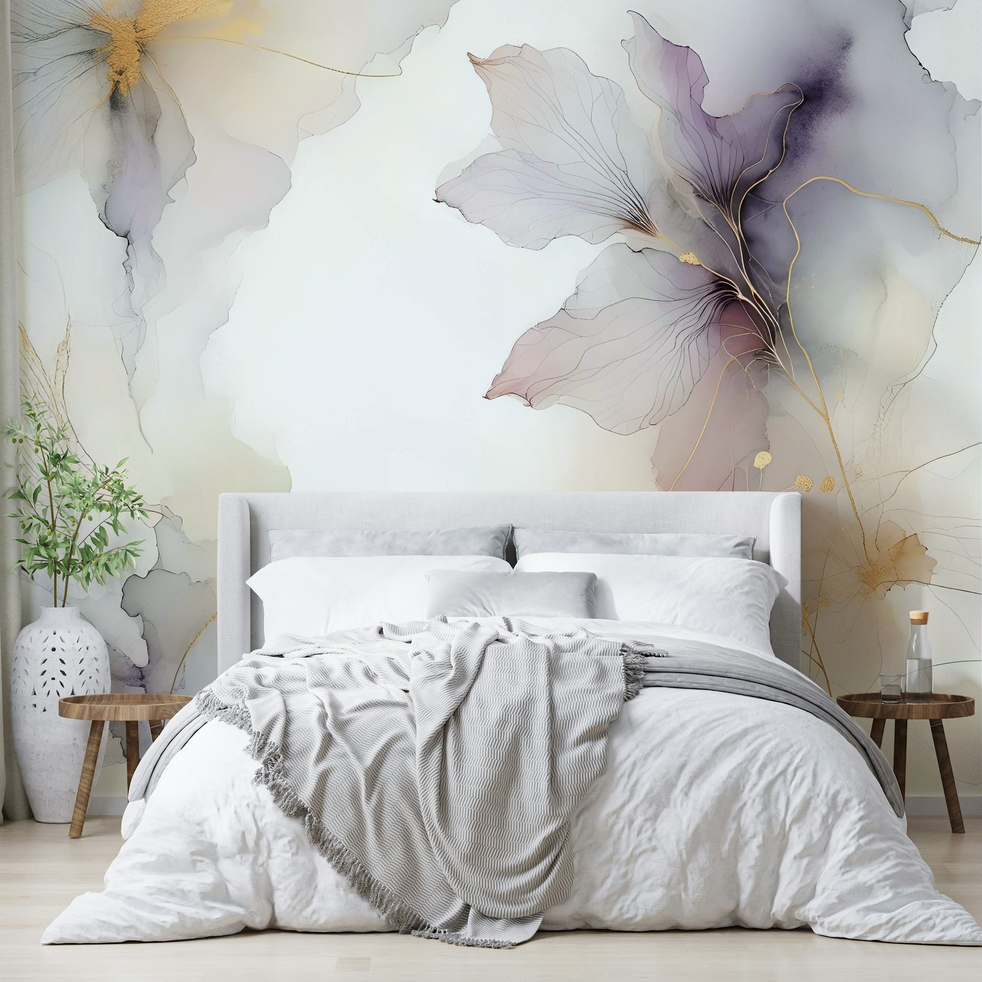 Modern apartment wall decor featuring a large scale lilac flower design.