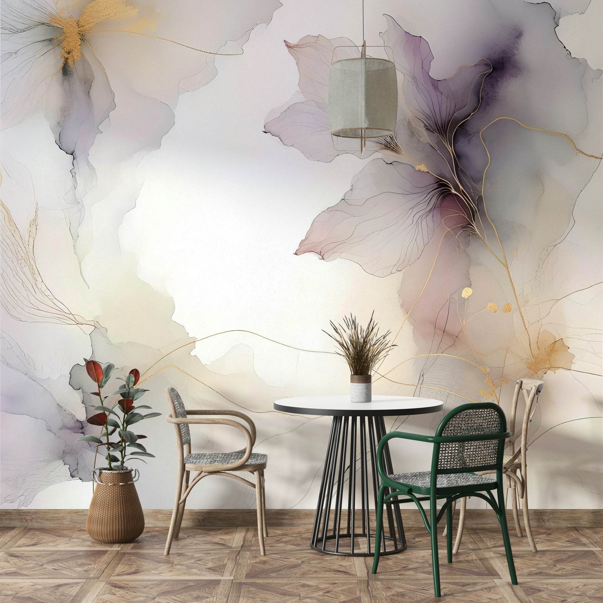 Large scale floral mural in a contemporary workspace with clean white desks.