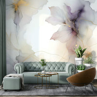 Watercolor style lilac flowers in a minimalist apartment dining area.