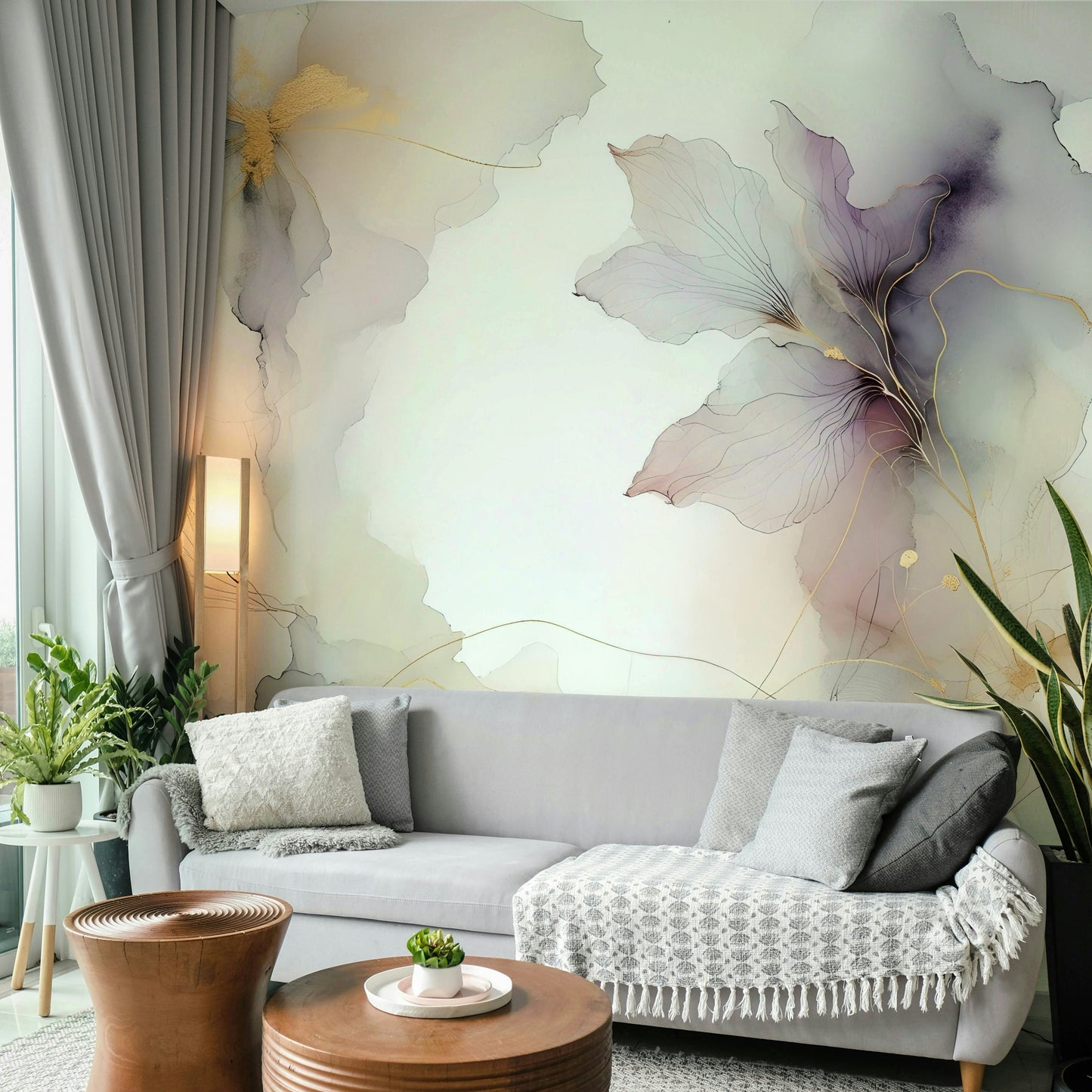Lilac Blossom Hues Wall Mural showing delicate petals in a sunlit room.