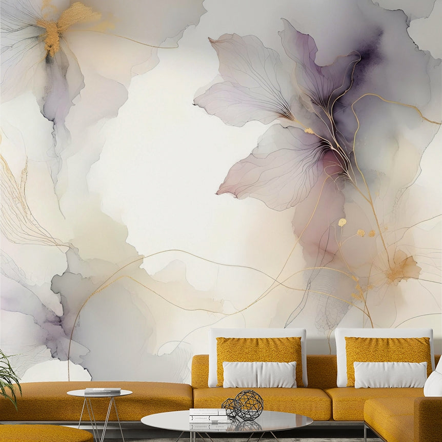 Nature-inspired wall decor for a guest room using a soft lilac color palette.