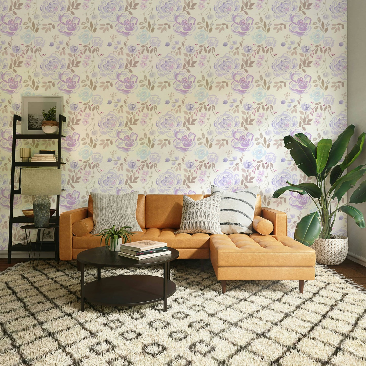 A graceful subtle bloom wall mural in soft, purple tones.

