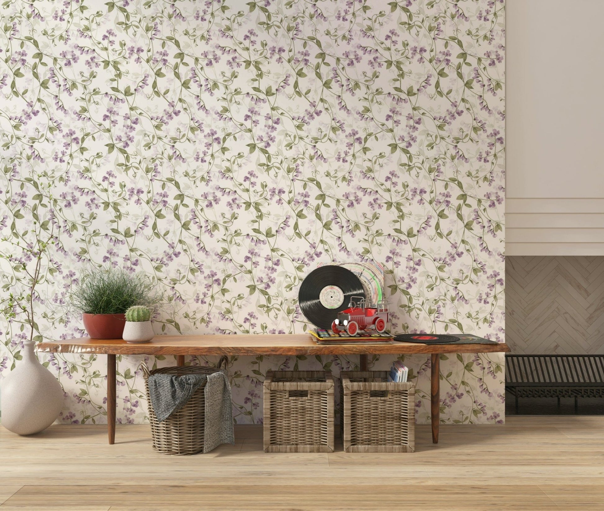 Delicate watercolor vines of Lilac Vines Meadow wallpaper.