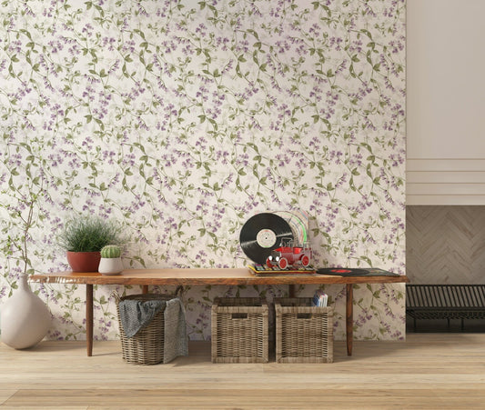 Delicate watercolor vines of Lilac Vines Meadow wallpaper.