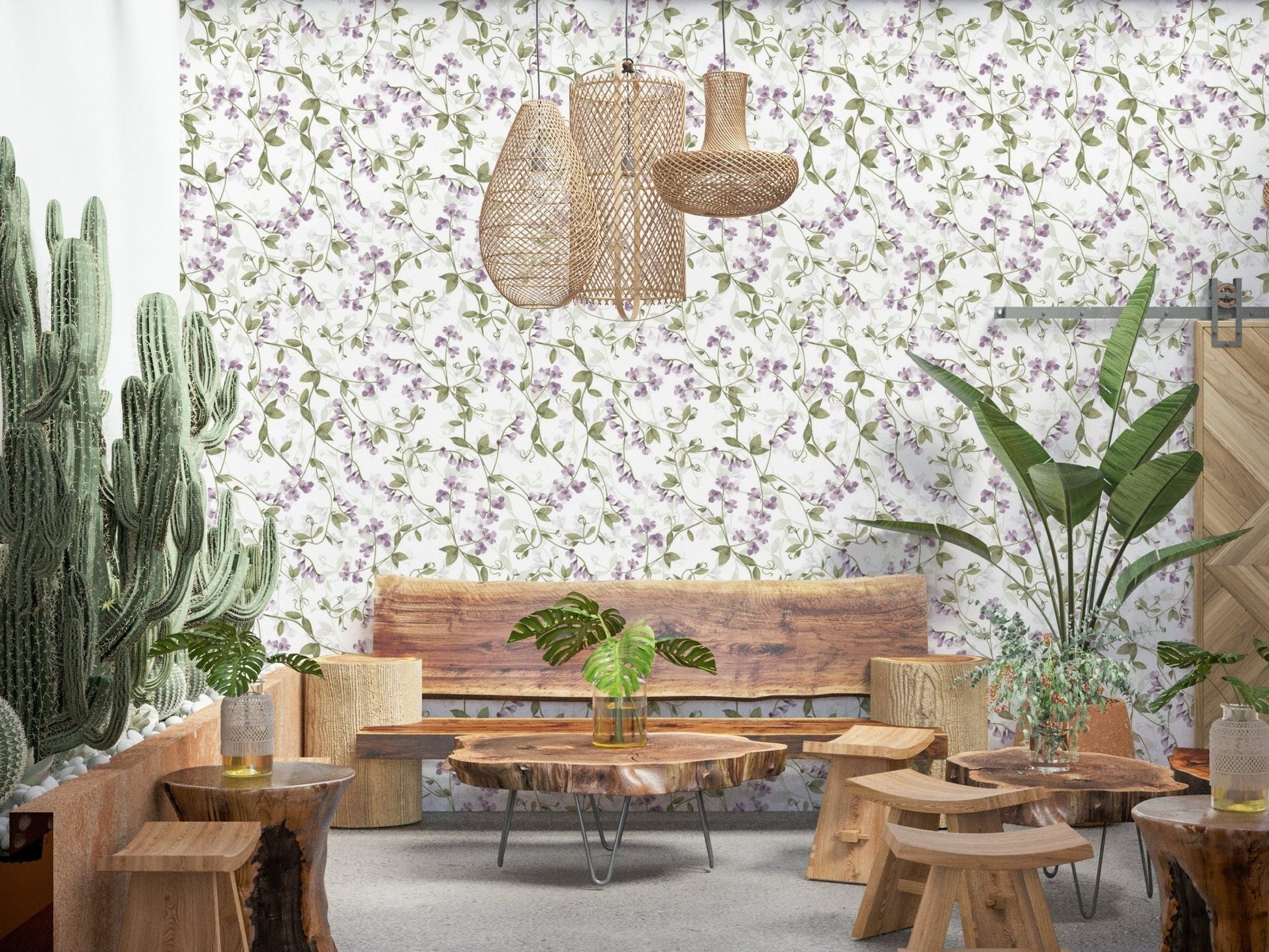 Symmetrical botanical vine pattern on Lilac Vines Meadow mural.
