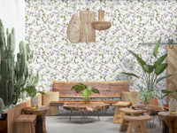 Symmetrical botanical vine pattern on Lilac Vines Meadow mural.