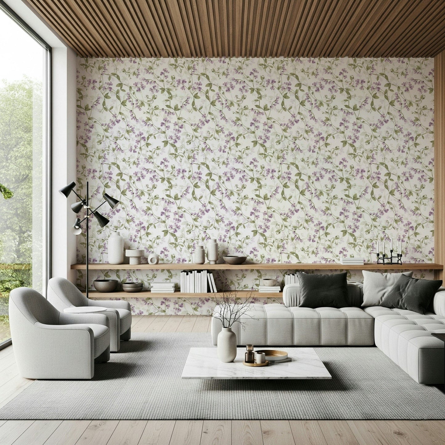 Layered faded florals give depth to Lilac Vines Meadow pattern.