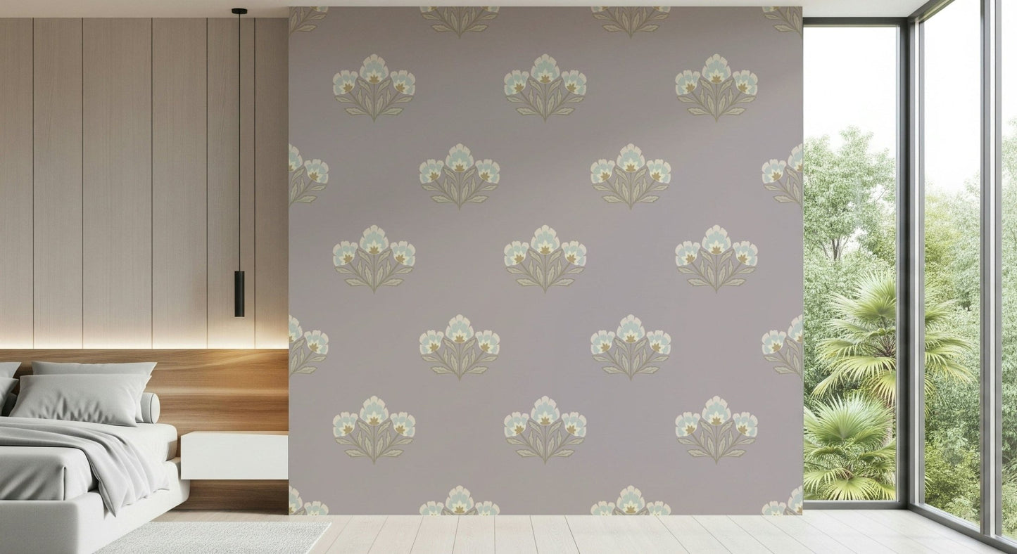 Soft pastel wall covering, cream and blue blooms, sophisticated décor aesthetic.