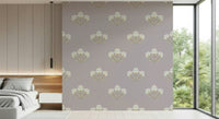 Soft pastel wall covering, cream and blue blooms, sophisticated décor aesthetic.