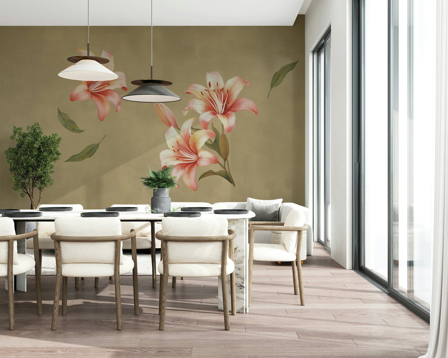 Lily mural in apartment lounge, modern feature wall look