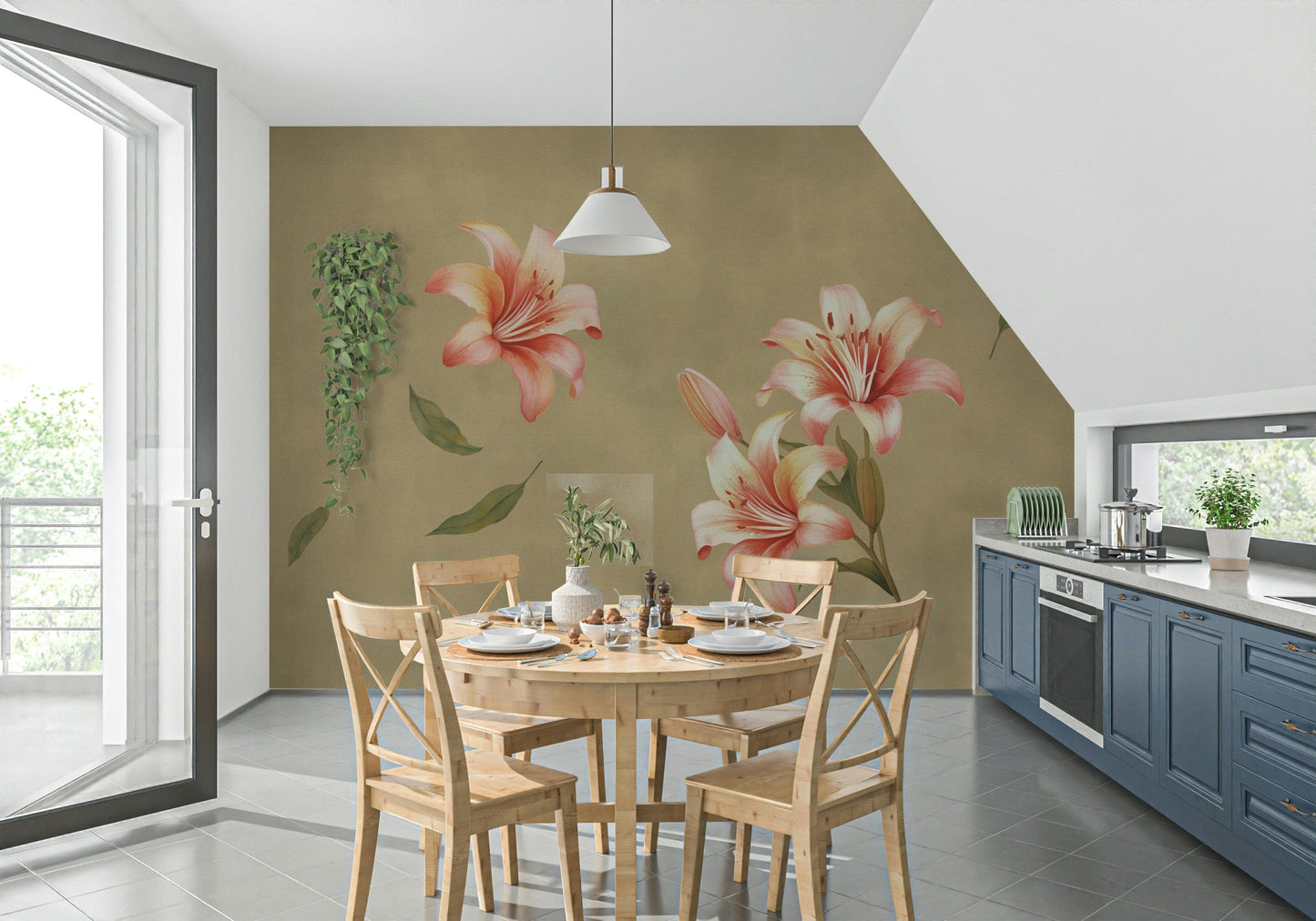 Minimal lily mural in reading nook, calm color palette