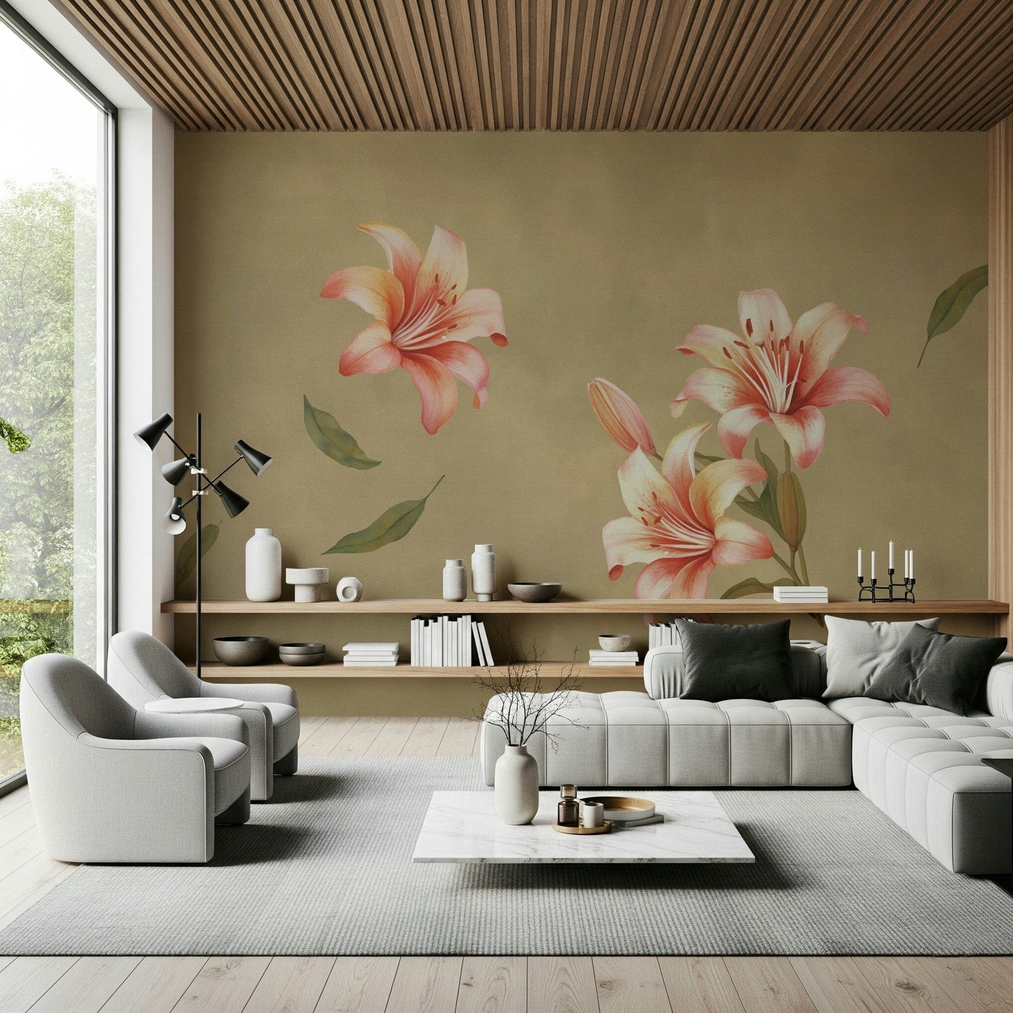 Soft lily mural in bedroom, gentle color and clean style