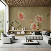 Soft lily mural in bedroom, gentle color and clean style