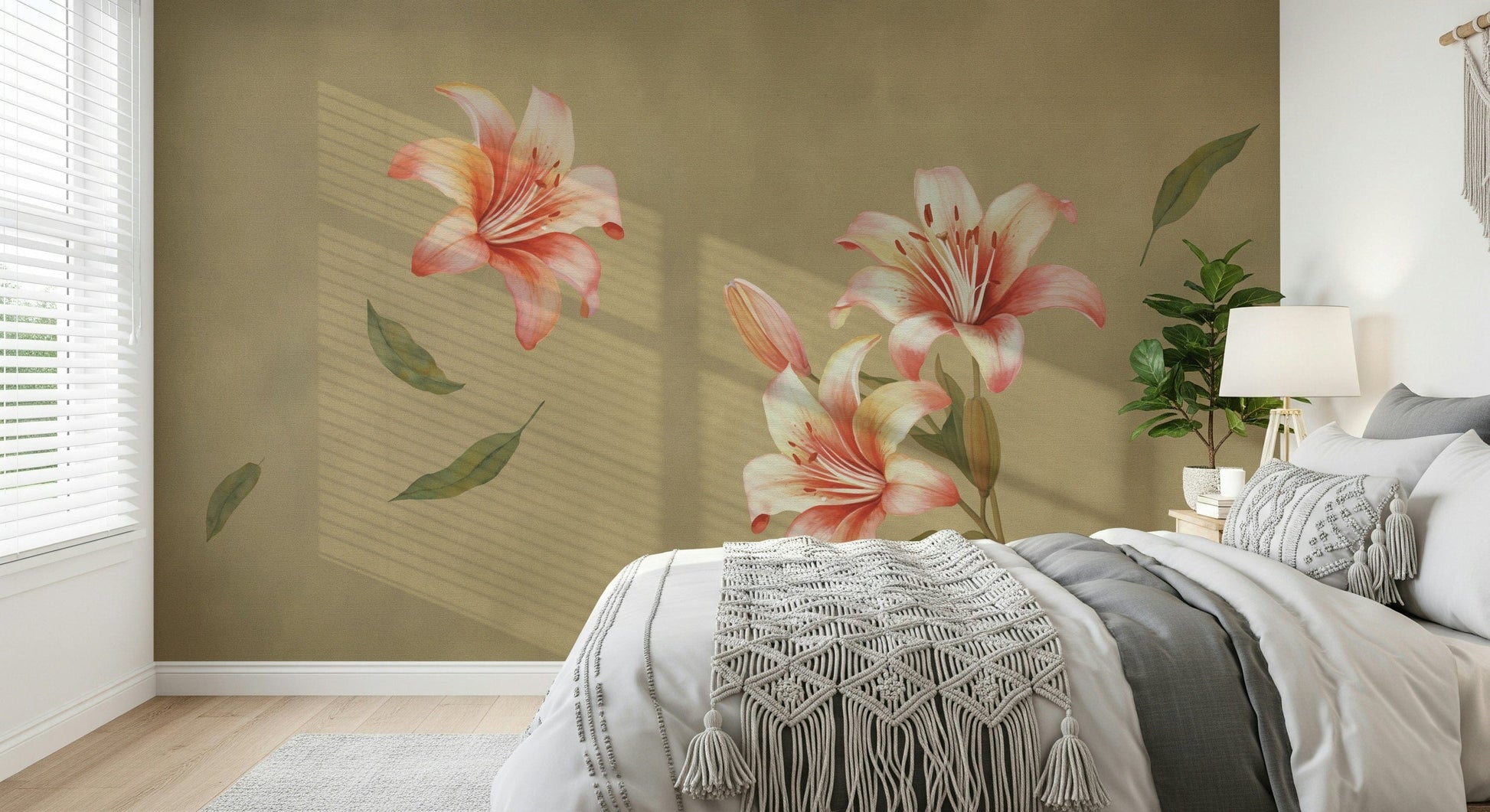 Lily Whisper Wall Mural behind sofa, modern wall decor